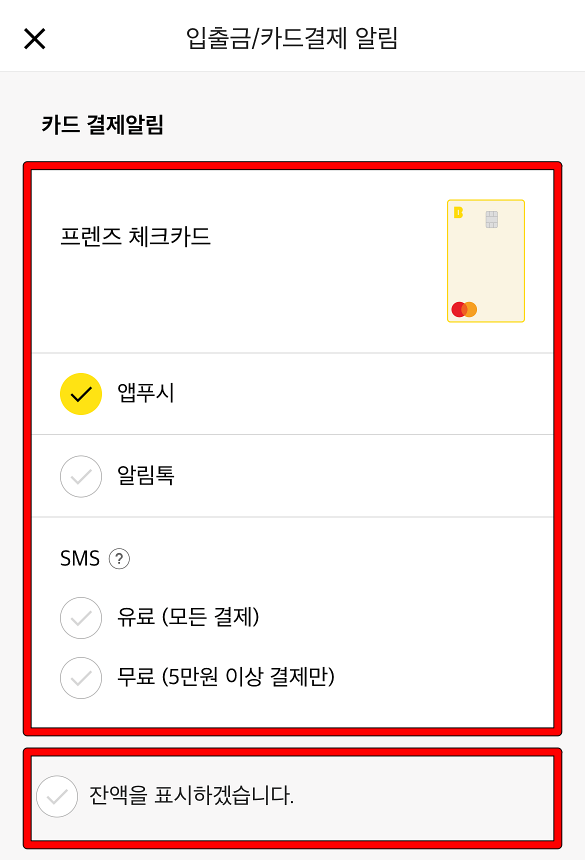 카드 결제에 대한 알림을 설정, 앱푸시와 알림톡 SMS 알림 중 설정을 진행하고 잔액에 대한 설정 가능