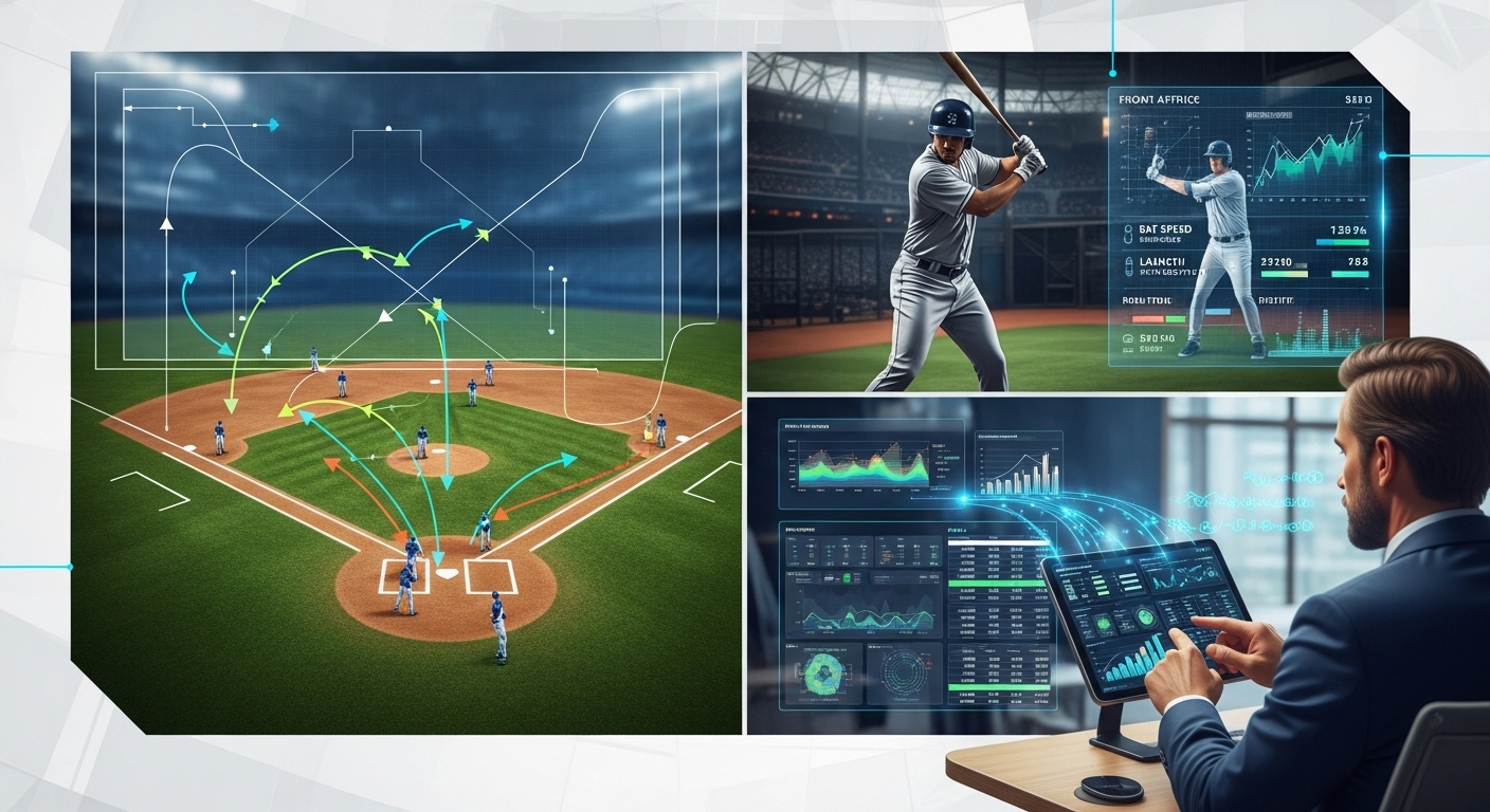 수비 시프트, 선수 훈련 데이터, 구단 프런트의 선수 분석 등 세이버메트릭스로 변화한 야구 전략을 보여주는 인포그래픽.