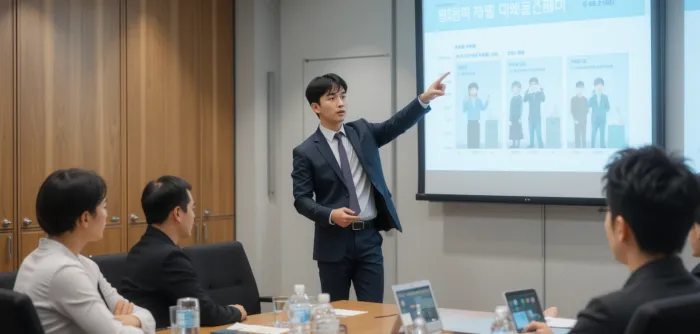 발표 자료를 가리키는 팀 리더