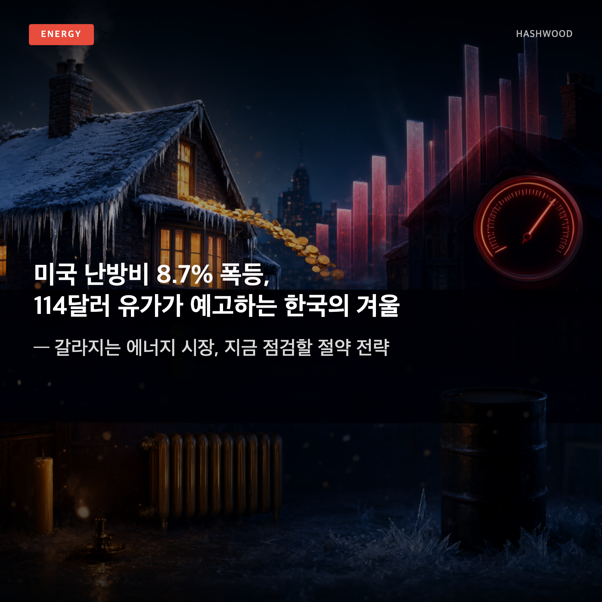 그림: 미국 난방비 8.7% 폭등, 114달러 유가가 예고하는 한국의 겨울 — — 갈라지는 에너지 시장, 지금 점검할 절약 전략