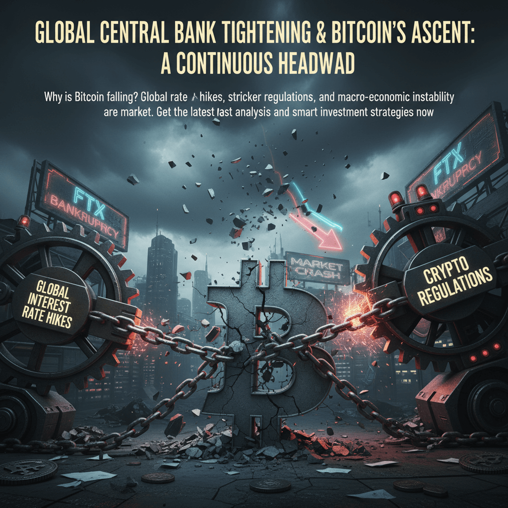 글로벌 금리 인상, 암호화폐 규제, FTX 파산 및 시장 붕괴로 인해 균열 가고 묶인 비트코인 심볼을 묘사한 이미지