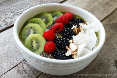 스무디볼 안에 키위 블루베리, 라즈베리, 코코넛 등이 담겨 있는 사진