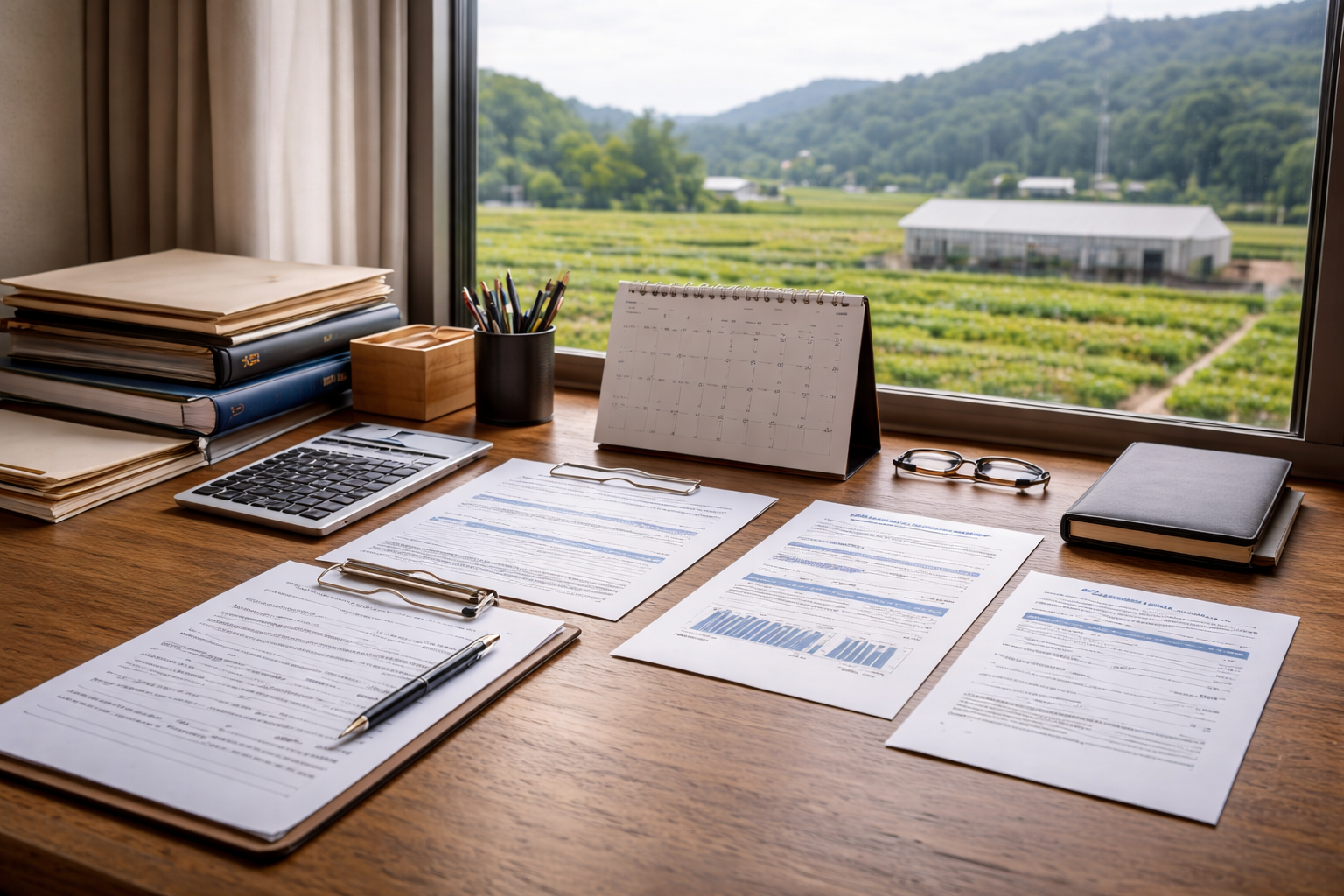 창밖으로 농촌 마을이 보이는 책상 위에 달력과 서류가 정리되어 있고, 귀농 지원 심사 서류를 검토하는 행정 업무 환경