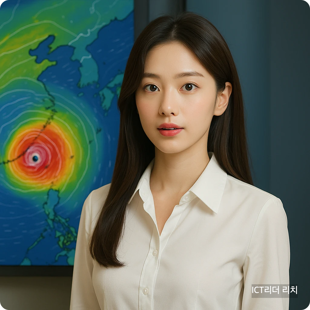 기상정보 스크린 앞에서 정면을 바라보는 여성