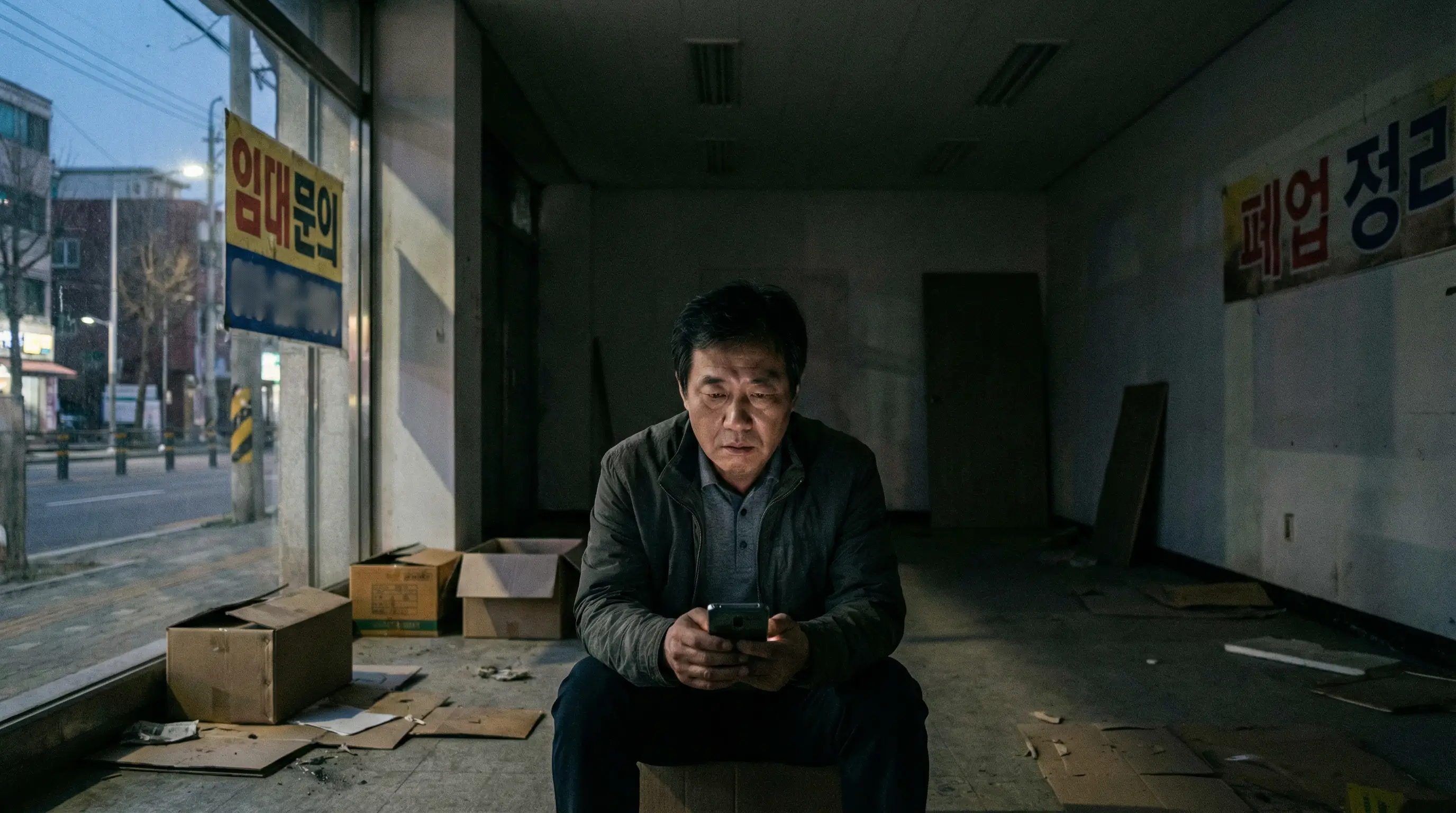 텅 빈 가게 안에 홀로 앉아 폐업을 고민하며 스마트폰으로 실업급여 정보를 검색하는 사장님의 모습