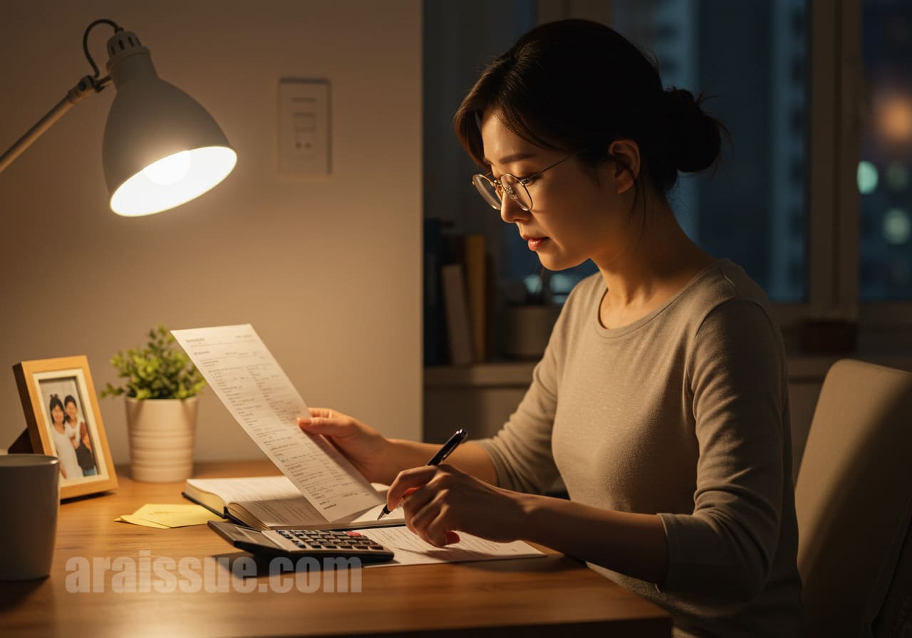 한국 여성이 책상에 앉아 전월 의료비 청구서를 정리하고 있으며, 계산기를 들고 있는 모습입니다. 저녁 시간대 조명이 따뜻한 분위기를 자아냅니다.