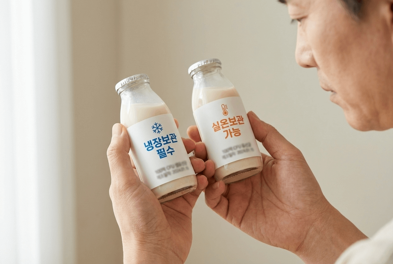 프로바이오틱스 제품 라벨에 표기된 냉장보관 및 실온보관 문구를 비교하는 장면