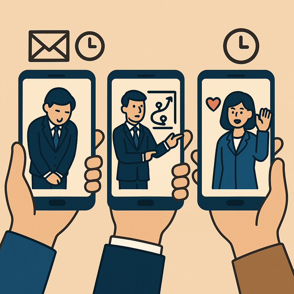 세 손이 각각 스마트폰을 들고 있고, 화면에는 정중히 고개 숙이는 남성, 커리어 방향을 설명하는 남성, 환하게 손을 흔드는 여성 아바타가 표시된 평면 벡터 일러스트입니다.