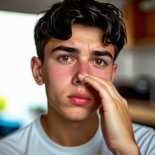 남자아이가 코가 가려워서 코를 긁고 있다.