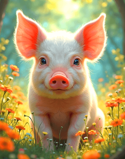 꽃이 가득 핀 숲속에 돼지 한 마리가 앉아있다. 귀는 크고 몸은 하얀색이다.
