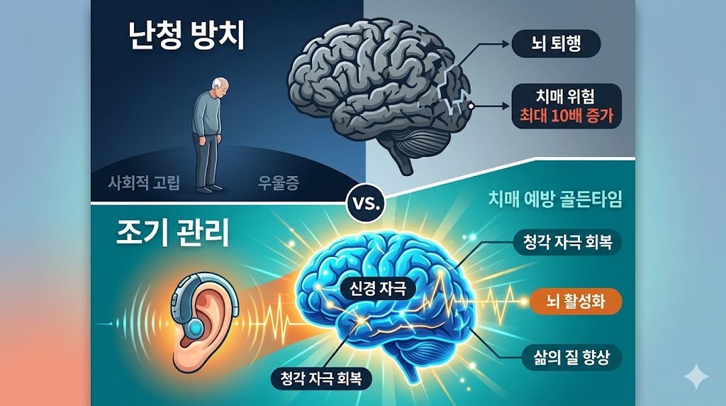 소리 자극이 뇌를 깨우고 치매를 막는 과정을 보여주는 CTR 중심의 강력한 메디컬 그래픽