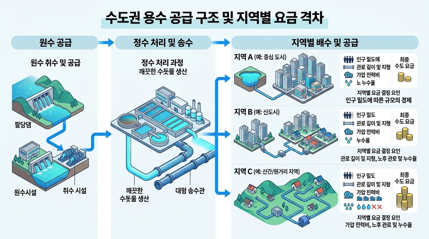 댐과 정수장에서 지자체 수도관을 거쳐 가정으로 물이 공급되는 구조 이미지