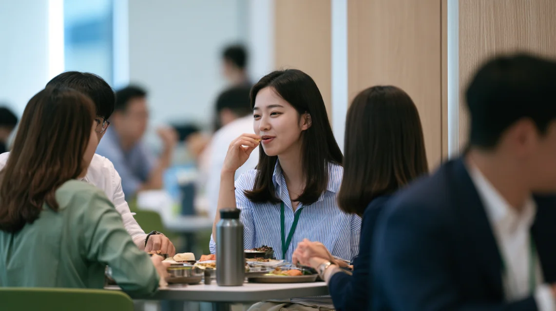 회사 구내식당에서 동료들과 점심을 먹는 신입 사원