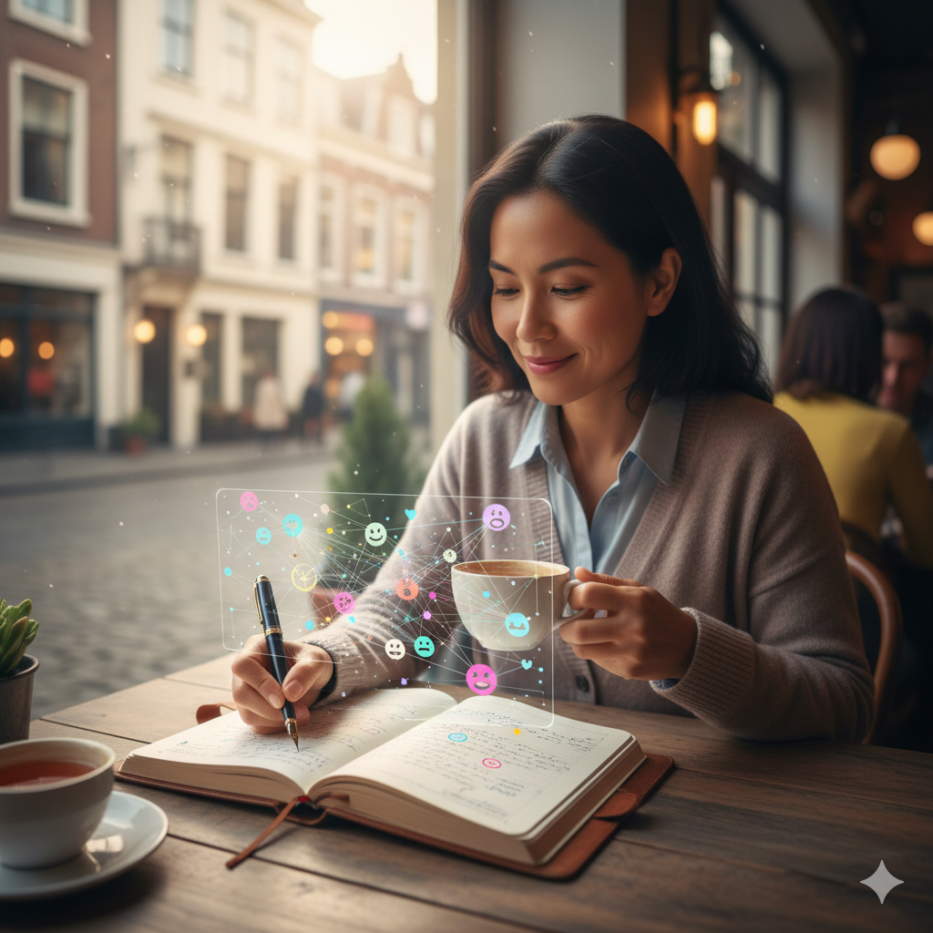 감정일기루틴을 통해 자기이해를 높이는 사람의 기록 장면 (이미지 생성:google)