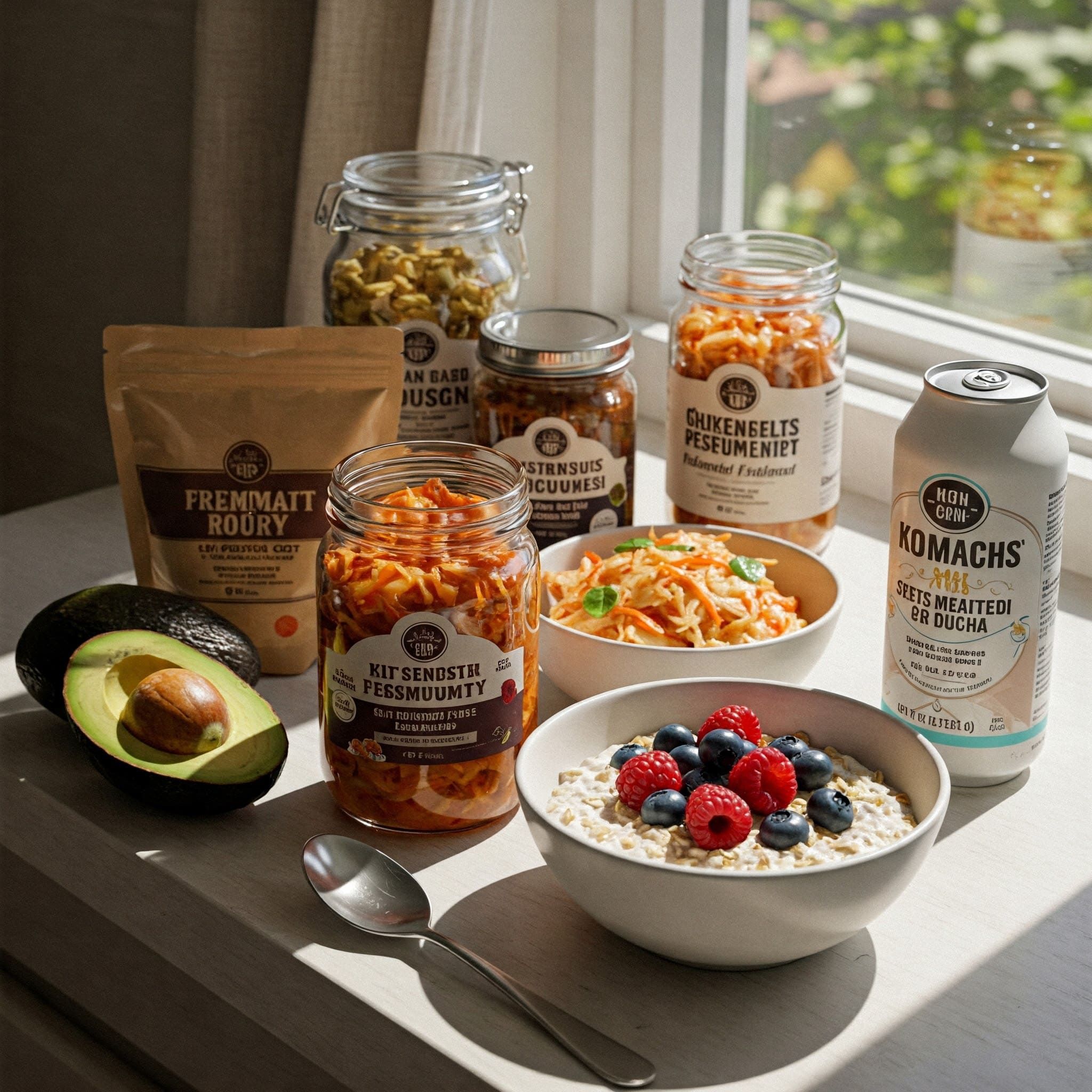 [장 건강에 좋은 발효식품, 오트밀, 아보카도 등을 밝은 자연광 아래 정갈하게 배열한 장면, 따뜻하고 건강한 느낌]