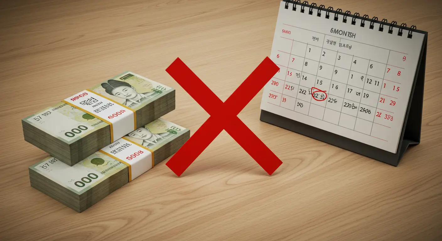 두 개의 서로 다른 지원금(실업급여, 구직촉진수당)을 상징하는 두 개의 돈뭉치 위에 겹쳐진 'X' 표시, 그리고 달력에 표시된 '6개월'의 대기 기간을 의미하는 이미지