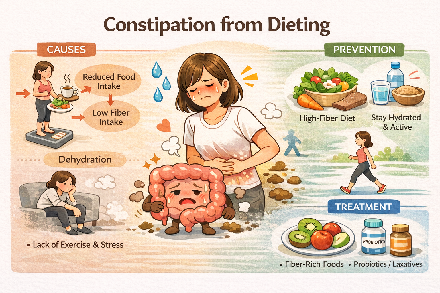 다이어트로 인한 변비를 설명하는 가로형 인포그래픽으로, 식사량 감소·식이섬유 부족·수분 부족 등의 원인과 함께 채소와 물 섭취, 가벼운 활동, 과일과 유산균을 활용한 예방법과 치료법을 그림 중심으로 표현한 이미지