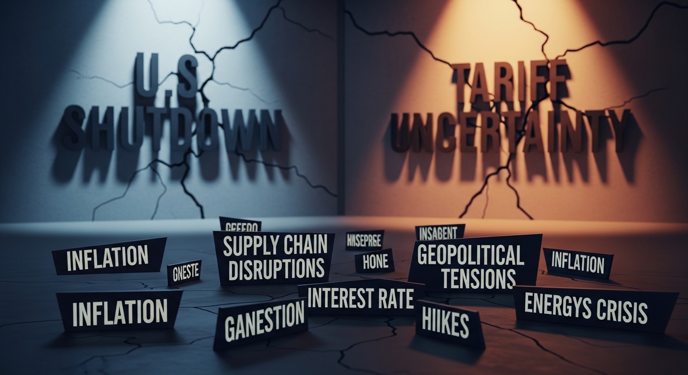 리스크 요인 이미지, 배경에 '미국 셧다운', '관세 불확실성' 텍스트 표시