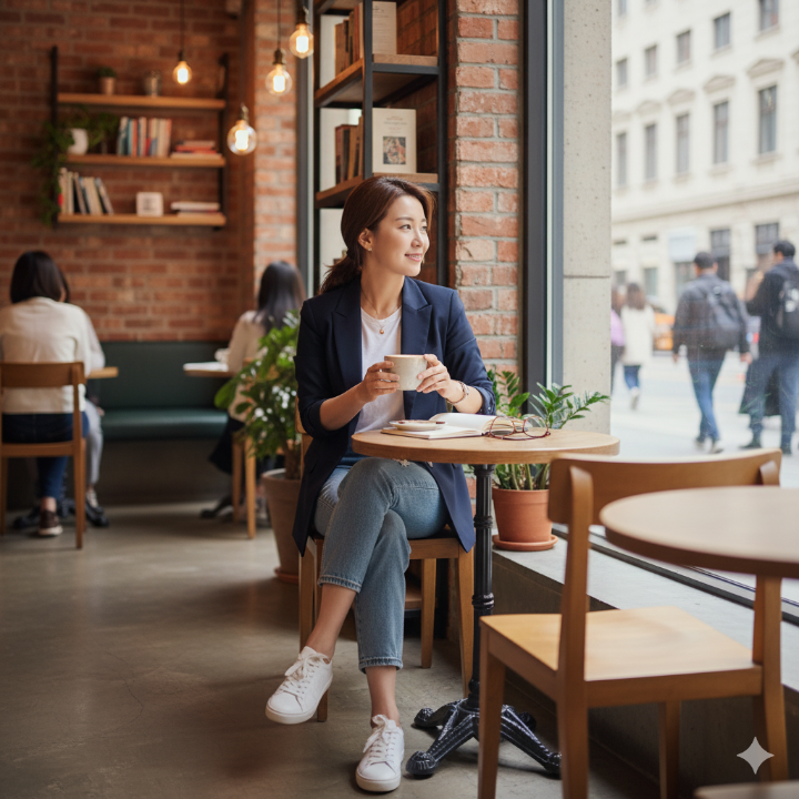 40대 여성이 네이비 블레이저와 청바지를 입고 카페에 앉아있는 모습