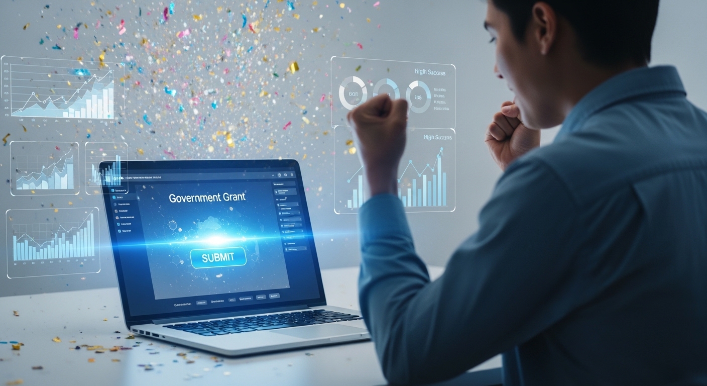 성공적으로 정부지원금을 온라인으로 신청하고 환호하는 사람의 모습, 디지털 화면과 함께 기쁨을 표현합니다.