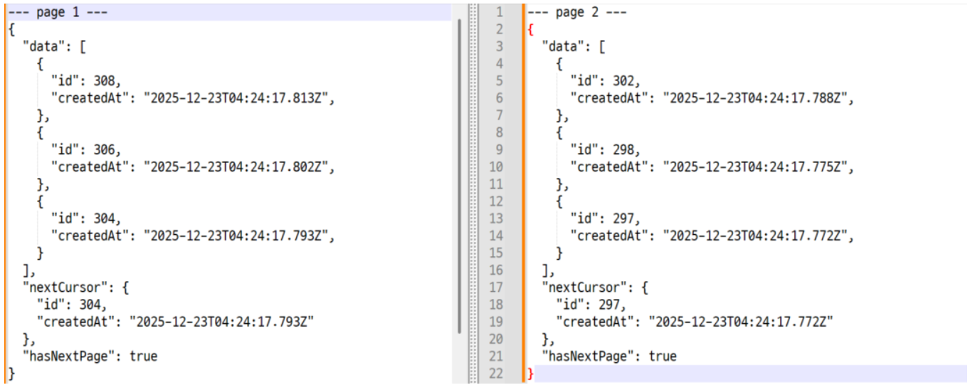 커서기반 페이지네이션 결과 예시