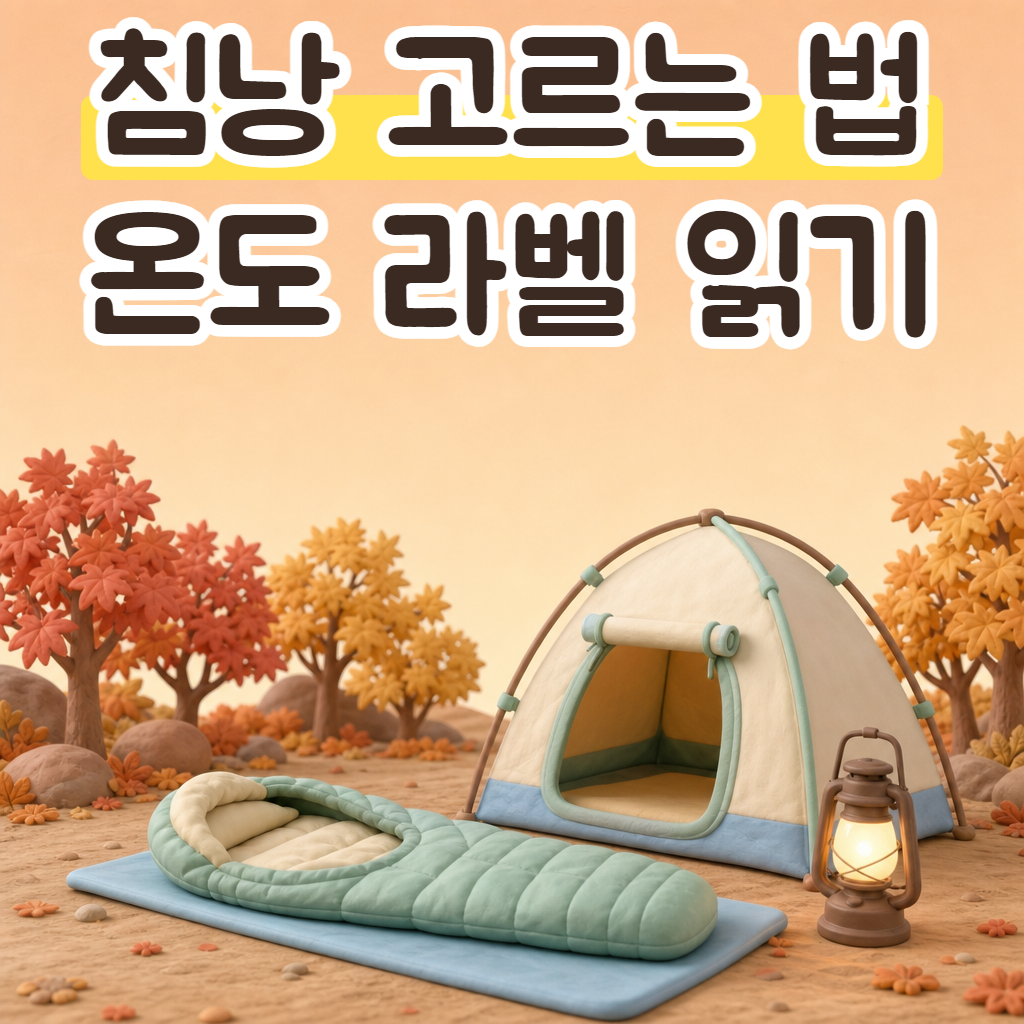 단풍 숲 캠핑장 텐트 앞에 펼쳐 둔 침낭