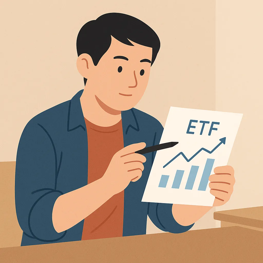 ETF 수익 그래프를 확인하며 표시하는 남성 일러스트