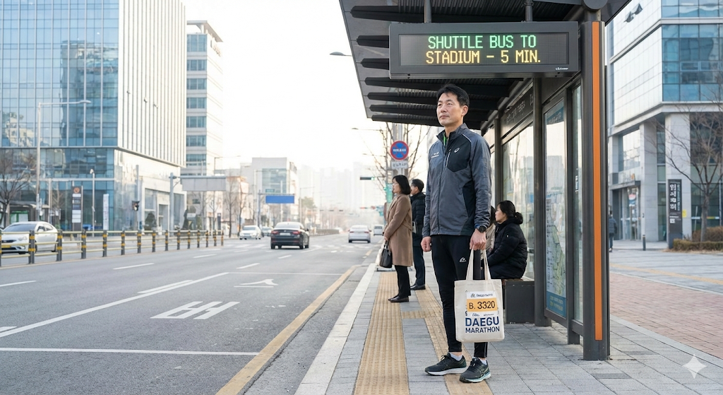 : 대구마라톤 셔틀버스 이용을 위해 대기 중인 참가자 모습