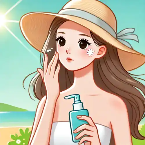 여름 햇볕 아래, 자외선 차단제를 바르는 여성