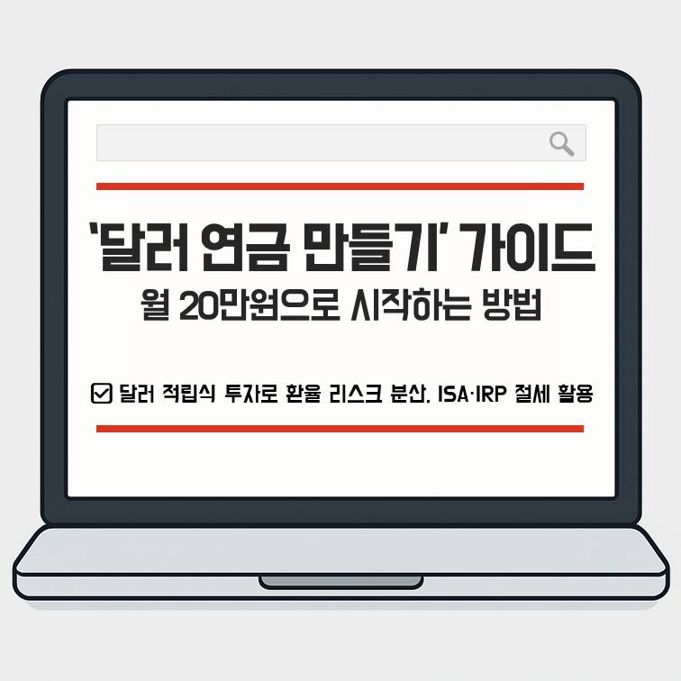 노트북 화면에 &lsquo;달러 연금 만들기 가이드 &ndash; 월 20만원으로 시작하는 방법&rsquo;이라는 문구가 표시된 일러스트 이미지로, 달러 적립식 투자와 ISA&middot;IRP 절세 활용 개념을 소개하는 대표이미지