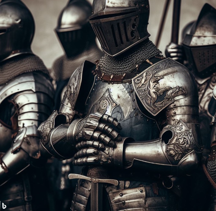 갑옷과 갑옷 장갑을 착용한 중세시대의 기사(made by Bing)