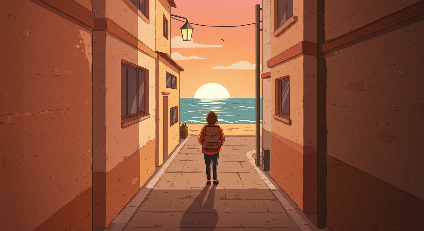조용한 해안 골목으로 향하는 여행자의 모습
