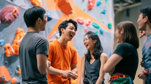 암장에서 첫 루트를 살펴보는 초보자