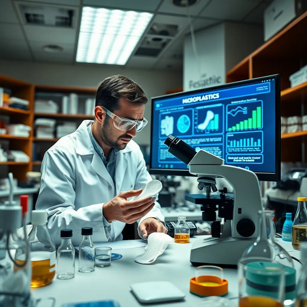 과학자가 실험실에서 생리대 샘플을 현미경이나 다른 분석 장비로 관찰하고 있는 모습. 주변에는 실험 도구들과 함께 데이터가 표시된 모니터가 배치되어 있어 전문적인 분위기를 자아냅니다.