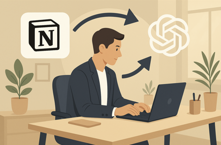Notion과 ChatGPT 연동해서 효율적 업무를 하는 회사원. 배경에 Notion과 ChatGPT 로고.