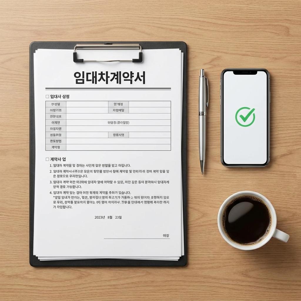 청년월세 특별지원 신청을 위해 책상 위에 깔끔하게 준비된 임대차계약서와 필수 서류 체크리스트