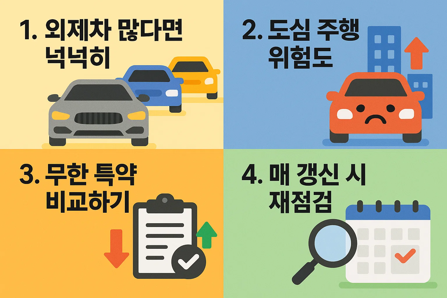 외제차 비중, 도심 주행 위험도, 무한 특약 비교, 갱신 시 재점검 등 자동차 책임보험 대물한도 설정 시 고려해야 할 핵심 요령을 시각적으로 구성한 인포그래픽입니다.