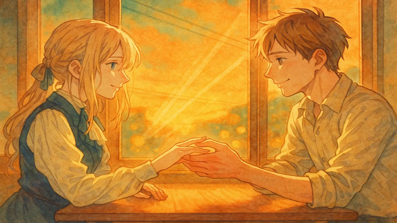 두 사람이 서로 손을 내밀며 화해하는 따뜻한 장면, 배경에는 밝은 빛이 비치는 모습