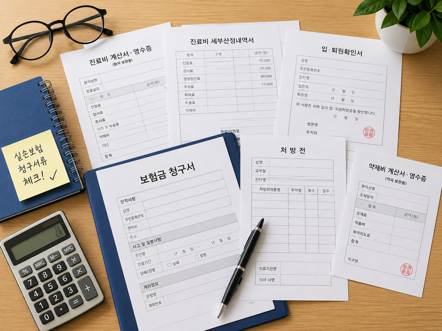 위에서 내려다본 입원서류 정리 책상