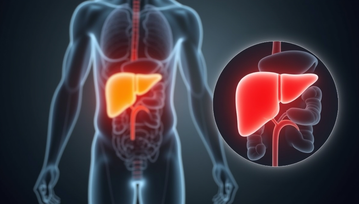 인체 해부학 일러스트 스타일. 인체 윤곽선과 내부 장기가 반투명하게 표현되며, 오른쪽 윗배의 간 부분만 붉은색 또는 주황색으로 강조. 원형 확대 프레임 안에 간을 확대해 지방간 위험을 강조하는 이미지