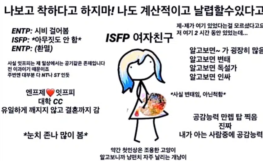 ISFP 여자 특징 팩폭 연애 플러팅 궁합 이별 이상형 연예인 MBTI 총정리1