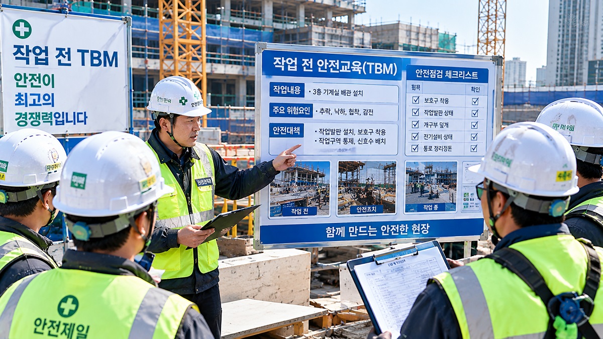 안전관리자가 작업 전 근로자에게 당일 위험요인과 안전대책을 설명하는 모습