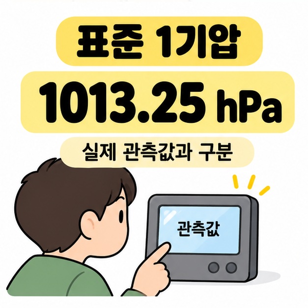 표준 1기압을 1013.25hPa로 표시하고 실제 관측값과 구분하며 기압계 화면을 확인하는 모습