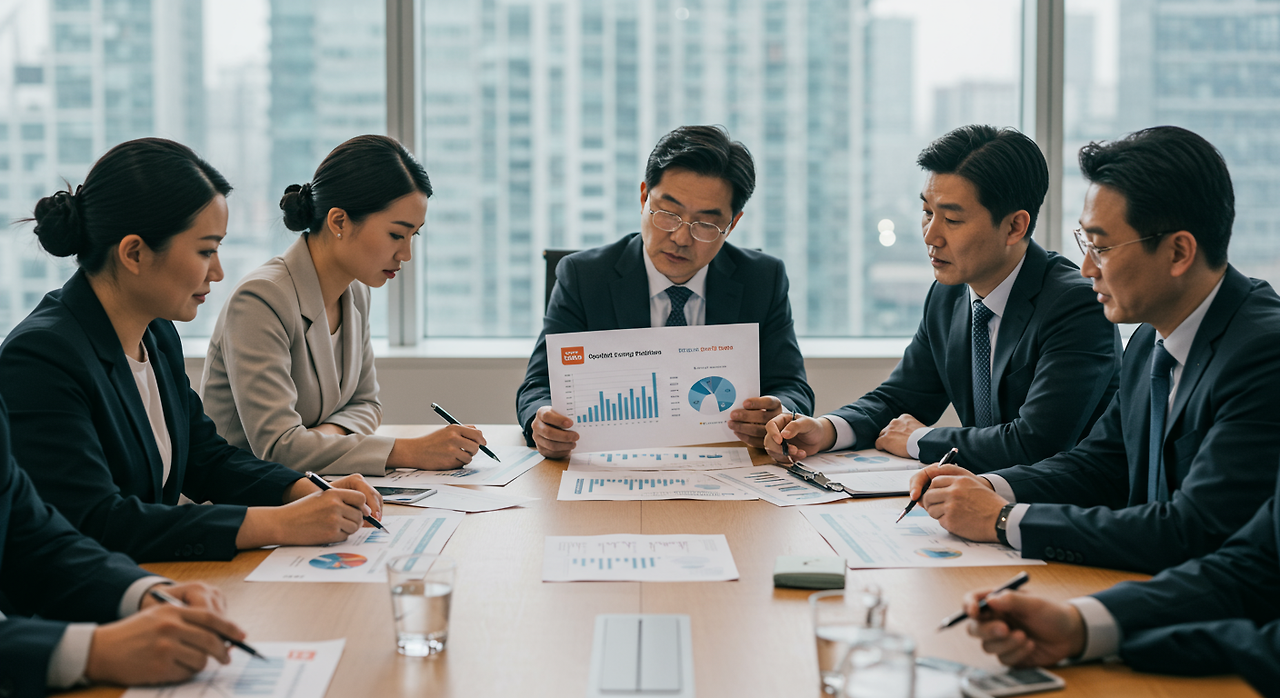 회의실에서 그래프와 보고서를 보며 카카오 분기 실적을 토론하는 다양한 시장 분석가들의 모습