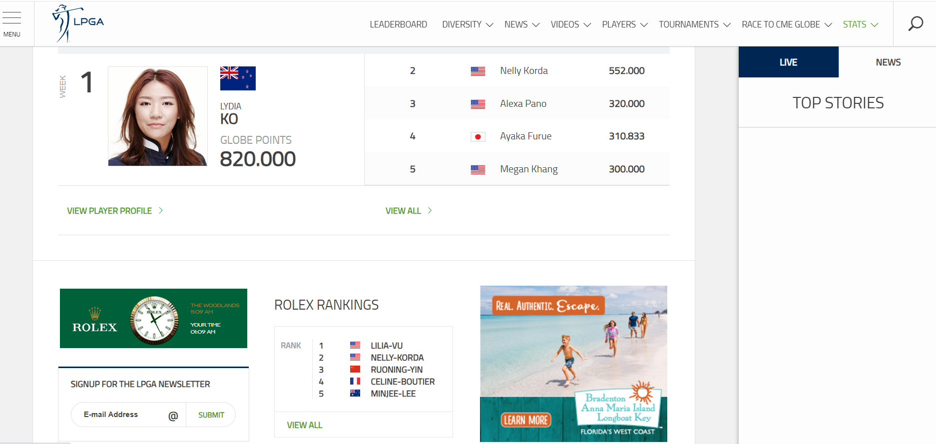 LPGA 공식 홈페이지 롤렉스 랭킹 찾아가는 순서