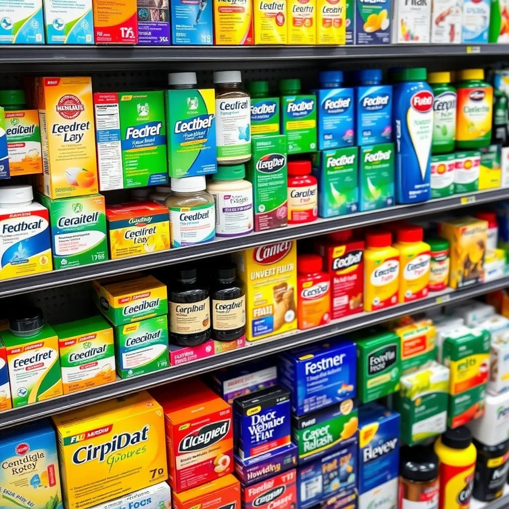 특정 진열대의 일부를 클로즈업하여, 해열제, 비타민, 영양제 등 여러 종류의 제품들이 함께 진열되어 있는 모습을 상세하게 보여줍니다. 제품 패키지의 색상과 디자인이 다채롭게 어우러지도록 표현하면 좋습니다.