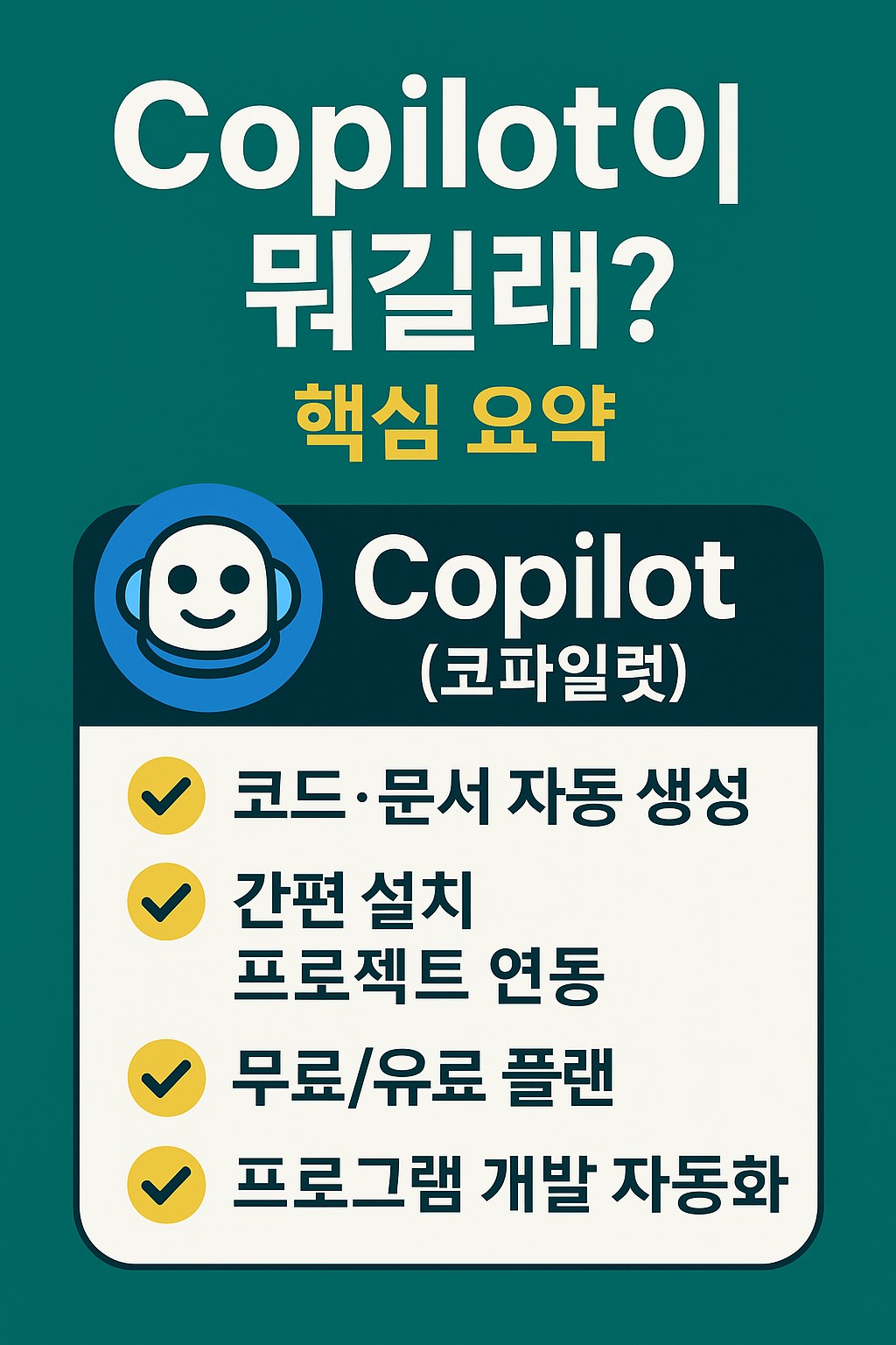 Copilot 코파일럿 대표 인포그래픽: 뜻, 설치, 가격, 자동화 요약