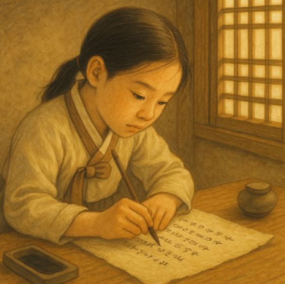 전통 한옥 안에서 한복을 입은 소녀가 붓펜으로 편지를 쓰는 장면