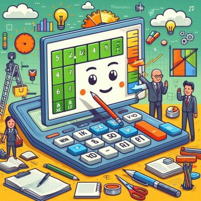 "A cute character shaped like a donut using a calculator with various food elements around it."