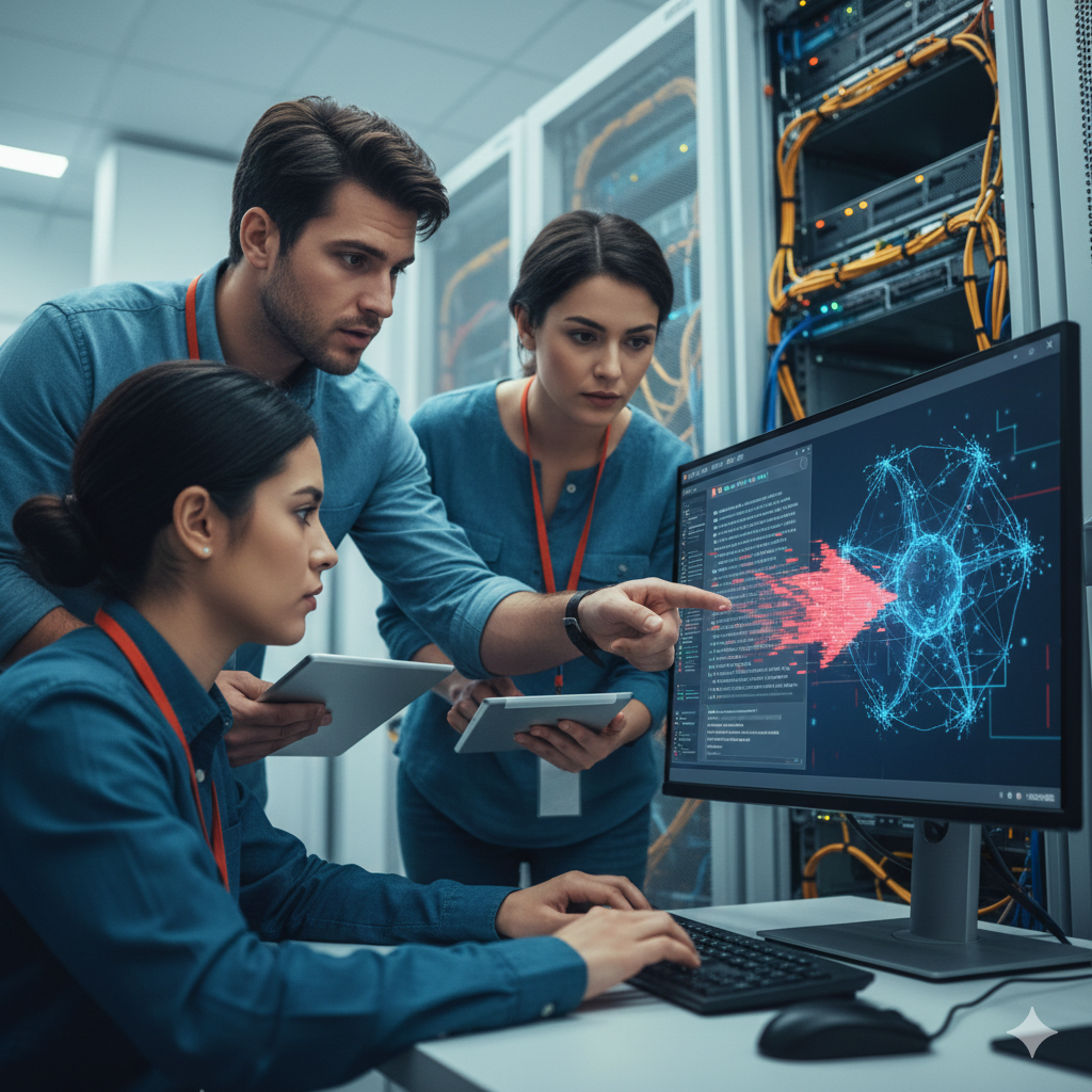 밝은 서버실 환경에서 남녀 보안 전문가 세 명이 모니터를 응시하고 있어요. 화면에는 파란색 인공지능 신경망 구조를 관통하는 빨간색 공격 데이터 흐름이 시각화되어 있으며, 남성 전문가가 손가락으로 이상 징후를 지목하며 팀원들과 프롬프트 인젝션 방어책을 논의하고 있는 모습이에요.